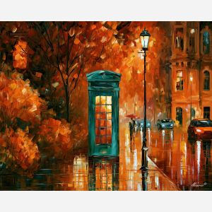 the city splits color, unexpected color art, afremov style cityscape, doorway, orange teal palette, palette knife art, bright wall art, city reflections, textured oil painting, 5:4 painting