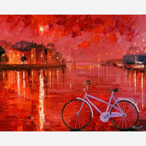 a bright interruption, unexpected color art, afremov style cityscape, bicycle, red lavender palette, palette knife art, bright wall art, city reflections, textured oil painting, 5:4 painting