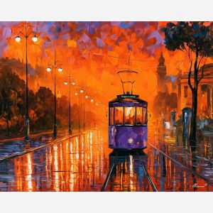 a single color turn, unexpected color art, afremov style cityscape, tram, orange purple palette, palette knife art, bright wall art, city reflections, textured oil painting, 5:4 painting