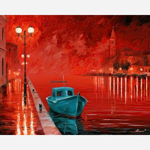 a simple color argument, unexpected color art, afremov style cityscape, boat, red turquoise palette, palette knife art, bright wall art, city reflections, textured oil painting, 5:4 painting