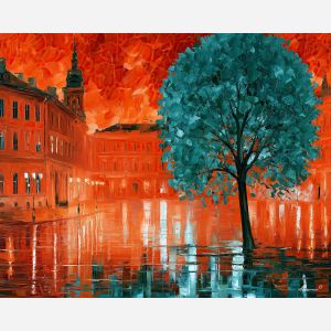 one object in red, unexpected color art, afremov style cityscape, tree, orange teal palette, palette knife art, bright wall art, city reflections, textured oil painting, 5:4 painting