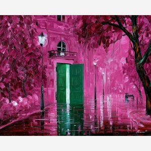 one object remains, unexpected color art, afremov style cityscape, doorway, magenta green palette, palette knife art, bright wall art, city reflections, textured oil painting, 5:4 painting