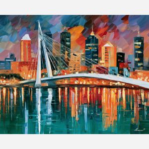 white bridge city, unexpected color art, afremov style cityscape, white bridge, emerald water, palette knife art, bright wall art, city reflections, textured oil painting, 5:4 painting