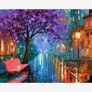 violet tree rain, unexpected color art, afremov style cityscape, violet tree, coral benches, palette knife art, bright wall art, city reflections, textured oil painting, 5:4 painting