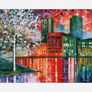 white tree red river, unexpected color art, afremov style cityscape, white tree, red river, palette knife art, bright wall art, city reflections, textured oil painting, 5:4 painting