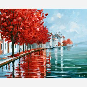 red trees waterfront, unexpected color art, afremov style cityscape, red trees, white waterfront, palette knife art, bright wall art, city reflections, textured oil painting, 5:4 painting