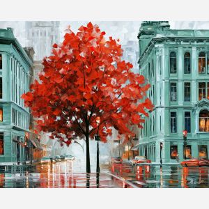 coral tree crossing, unexpected color art, afremov style cityscape, coral-red tree, mint buildings, palette knife art, bright wall art, city reflections, textured oil painting, 5:4 painting