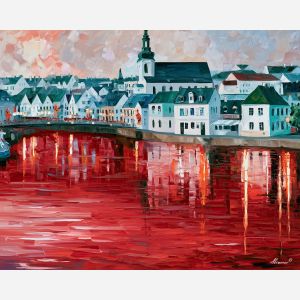 red river morning, unexpected color art, afremov style cityscape, scarlet river, white and turquoise waterfront, palette knife art, bright wall art, city reflections, textured oil painting, 5:4 painting