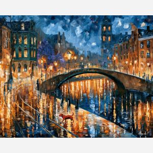 emerald bridge at night, afremov style cityscape, unexpected colors, red dog, palette knife art, bright wall art, city reflections, textured oil painting, decorative cityscape, 5:4 painting