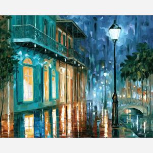 turquoise street after rain, afremov style cityscape, unexpected colors, turquoise windows, palette knife art, bright wall art, city reflections, textured oil painting, decorative cityscape, 5:4 painting