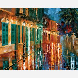 turquoise shutters after rain, afremov style cityscape, unexpected colors, emerald facades, palette knife art, bright wall art, city reflections, textured oil painting, decorative cityscape, 5:4 painting