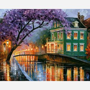 green building by the canal, afremov style cityscape, unexpected colors, purple tree, palette knife art, bright wall art, city reflections, textured oil painting, decorative cityscape, 5:4 painting