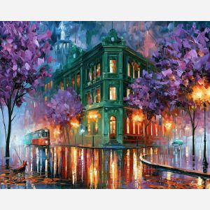 when purple trees shine, afremov style cityscape, unexpected colors, green building, palette knife art, bright wall art, city reflections, textured oil painting, decorative cityscape, 5:4 painting