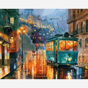 turquoise tram window, afremov style cityscape, unexpected colors, emerald facades, palette knife art, bright wall art, city reflections, textured oil painting, decorative cityscape, 5:4 painting
