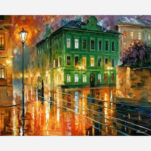 the green building sings, afremov style cityscape, unexpected colors, green building, palette knife art, bright wall art, city reflections, textured oil painting, decorative cityscape, 5:4 painting