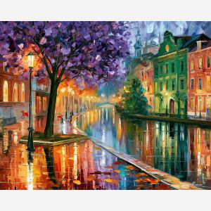green city after the storm, afremov style cityscape, unexpected colors, purple tree, palette knife art, bright wall art, city reflections, textured oil painting, decorative cityscape, 5:4 painting