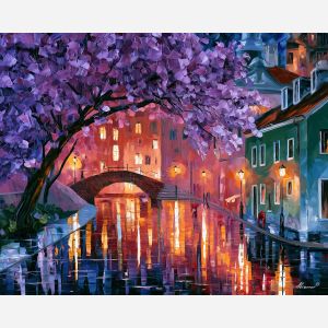 the street in emerald, afremov style cityscape, unexpected colors, purple tree, palette knife art, bright wall art, city reflections, textured oil painting, decorative cityscape, 5:4 painting