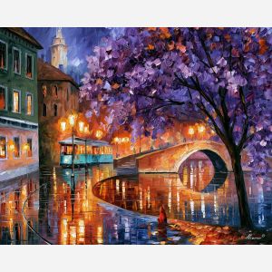 purple tree by the bridge, afremov style cityscape, unexpected colors, red dog, palette knife art, bright wall art, city reflections, textured oil painting, decorative cityscape, 5:4 painting