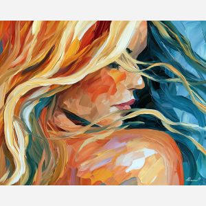 between hair and shadow, abstract sensuality art, single woman painting, woman hair and shadow, partial silhouette, palette knife art, decorative painting, textured oil painting, afremov inspired, 5:4 painting