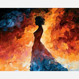 softly undoing night, abstract sensuality art, single woman painting, single feminine silhouette, dark to warm glow, palette knife art, decorative painting, textured oil painting, afremov inspired, 5:4 painting