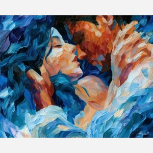 when the night softens, abstract sensuality art, subtle attraction, soft night closeness, night palette, palette knife art, decorative painting, textured oil painting, afremov inspired, 5:4 painting