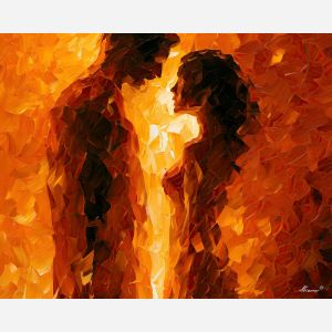 toward the same flame, abstract sensuality art, subtle attraction, shared warm center, mutual attraction, palette knife art, decorative painting, textured oil painting, afremov inspired, 5:4 painting