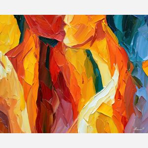 beside the warmth, abstract sensuality art, subtle attraction, side-by-side figures, subtle contact, palette knife art, decorative painting, textured oil painting, afremov inspired, 5:4 painting
