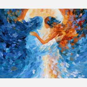 under half a moon, abstract sensuality art, subtle attraction, dreamy forms, moonlike light, palette knife art, decorative painting, textured oil painting, afremov inspired, 5:4 painting