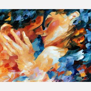 closer than words, abstract sensuality art, subtle attraction, intimate posture, subtle affection, palette knife art, decorative painting, textured oil painting, afremov inspired, 5:4 painting