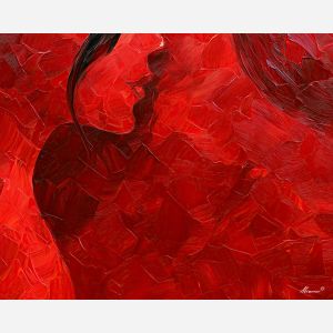 a red silence, abstract sensuality art, subtle attraction, red stillness, abstract contours, palette knife art, decorative painting, textured oil painting, afremov inspired, 5:4 painting