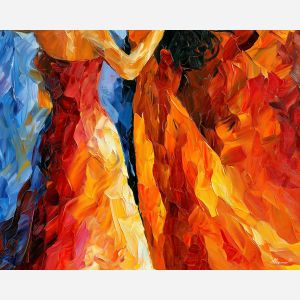 a low bright tension, abstract sensuality art, subtle attraction, restrained attraction, color contrast, palette knife art, decorative painting, textured oil painting, afremov inspired, 5:4 painting