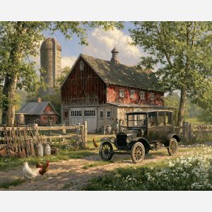 farmyard arrival, early 1900s car, brass era automobile, farmyard scene, barns and tools, vintage car painting, classic automobile art, decorative wall art, textured oil painting, 5:4 painting