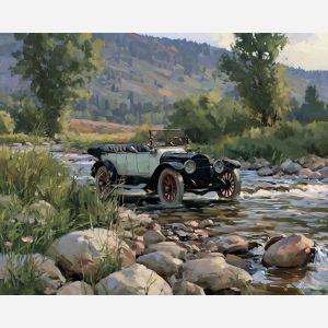 creekside turn, early 1900s car, brass era automobile, creekside turn, wild grasses, vintage car painting, classic automobile art, decorative wall art, textured oil painting, 5:4 painting
