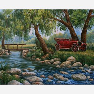brookside machine, early 1900s car, brass era automobile, brookside scene, simple footbridge, vintage car painting, classic automobile art, decorative wall art, textured oil painting, 5:4 painting