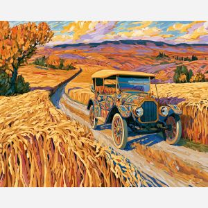 wheatfield passage, early 1900s car, brass era automobile, wheatfield road, golden fields, vintage car painting, classic automobile art, decorative wall art, textured oil painting, 5:4 painting
