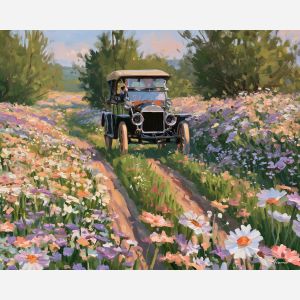 meadow run, early 1900s car, brass era automobile, summer meadow road, flower-lined road, vintage car painting, classic automobile art, decorative wall art, textured oil painting, 5:4 painting