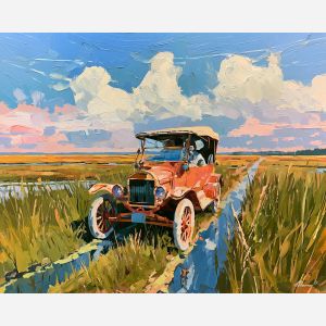 marshland track, early 1900s car, brass era automobile, marshland track, long grasses, vintage car painting, classic automobile art, decorative wall art, textured oil painting, 5:4 painting