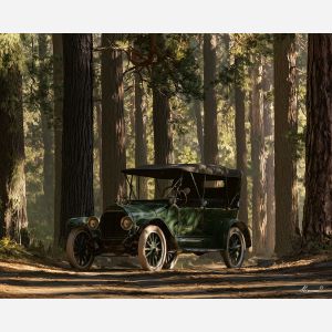pineside stop, early 1900s car, brass era automobile, forest lane, tall pines, vintage car painting, classic automobile art, decorative wall art, textured oil painting, 5:4 painting