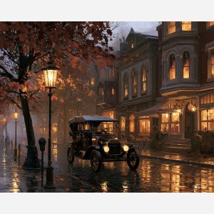 lantern road, early 1900s car, brass era automobile, old town street, lamplit cobblestones, vintage car painting, classic automobile art, decorative wall art, textured oil painting, 5:4 painting