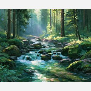 Bohemian Forest painting, Czechia nature art, woodland stream decor, Afremov style oil painting, palette knife landscape, forest water artwork, mossy creek painting, peaceful wall art, nature-inspired decor, scenic travel art