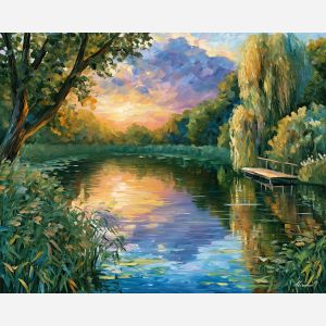 South Bohemia painting, Czech pond art, rural water decor, Afremov style oil painting, palette knife landscape, reflective pond artwork, countryside wall art, willow tree painting, serene Czech nature art, travel decor