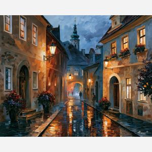 Kutna Hora painting, Czechia street art, historic lane decor, Afremov style oil painting, palette knife cityscape, rainy cobblestone artwork, old town wall art, lantern street painting, travel decor, heritage architecture art