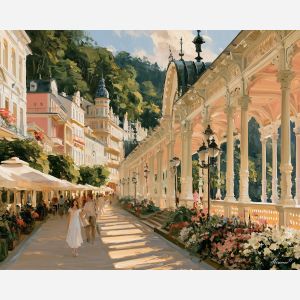 Karlovy Vary painting, Czech spa town art, colonnade decor, Afremov style oil painting, palette knife architecture, elegant cityscape painting, Czech travel artwork, pastel street art, historic promenade decor, spa town wall art