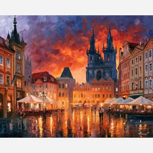 Prague old town painting, Czechia city art, historic square decor, Afremov style oil painting, palette knife architecture, Prague wall art, colorful cityscape painting, European square artwork, travel decor, old town wall art