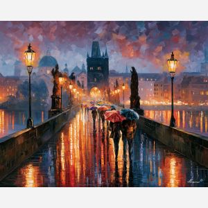 Charles Bridge painting, Prague rain art, Czechia wall decor, Afremov style oil painting, palette knife cityscape, Prague bridge artwork, rainy cobblestone painting, Vltava reflection art, colorful European city art, travel wall decor