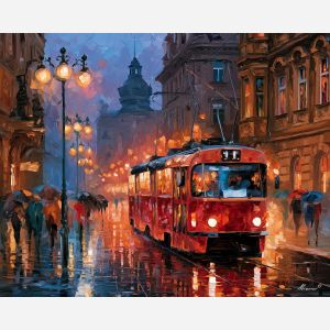 Prague tram painting, Czechia city art, rainy street decor, Afremov style oil painting, palette knife cityscape, tram wall art, wet pavement reflections, Prague urban artwork, colorful transport painting, travel decor
