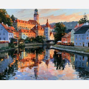 Cesky Krumlov painting, Czechia river art, castle town decor, Afremov style oil painting, palette knife cityscape, colorful riverside painting, Bohemian town artwork, travel wall art, historic village decor, river reflection art