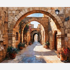 Famagusta painting, Cyprus historic street art, stone arch decor, Afremov style oil painting, palette knife architecture, old town wall art, Mediterranean alley painting, heritage travel artwork, rustic urban scene, Cypriot landmark art