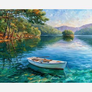 Mljet painting, Croatia lake art, island nature decor, Afremov style oil painting, palette knife landscape, pine forest water scene, Croatian travel art, serene lake painting, boat reflection artwork, nature wall decor