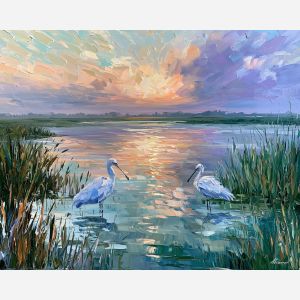 Kopacki Rit painting, Croatia wetland art, bird landscape decor, Afremov style oil painting, palette knife nature scene, reflective marsh artwork, Croatian wildlife painting, dawn water landscape, reed marsh wall art, serene nature decor
